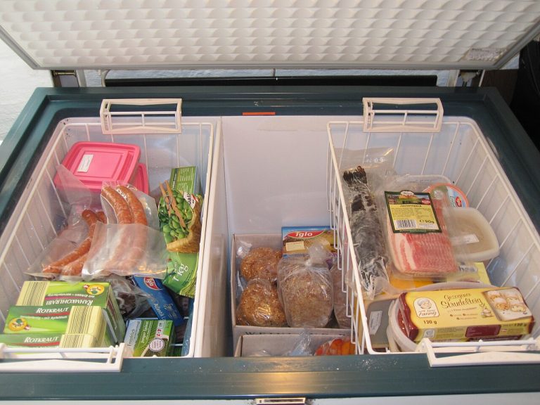 Congelador horizontal abierto con alimentos congelados