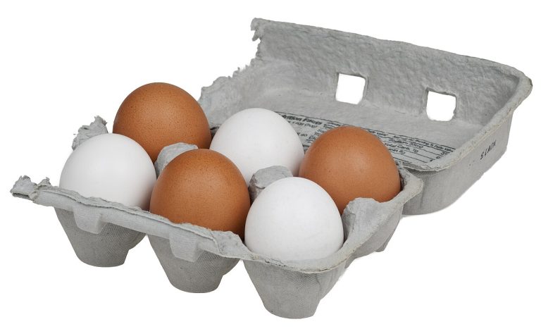 Huevos blancos y morenos en una caja de cartón