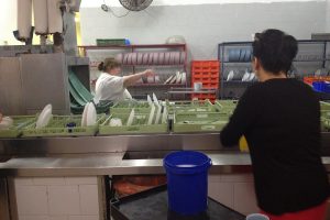 Personal lavando y colocando vajilla en una cocina colectiva