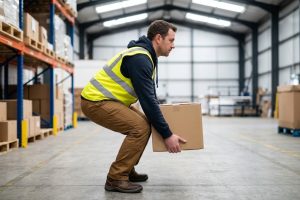Mozo de almacén flexionando las rodillas con la espalda recta para levantar una caja