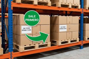 Dos palés de cajas con etiquetas de fecha y una flecha que indica cuál sale primero