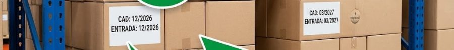 Dos palés de cajas con etiquetas de fecha y una flecha que indica cuál sale primero