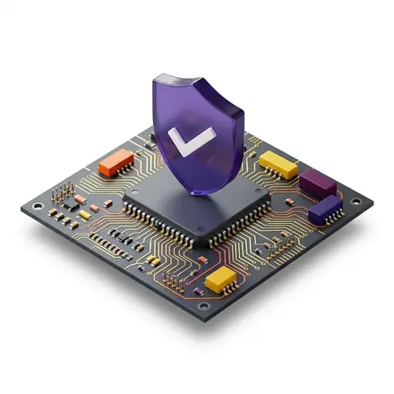 Chip de circuito con un escudo morado y un tic