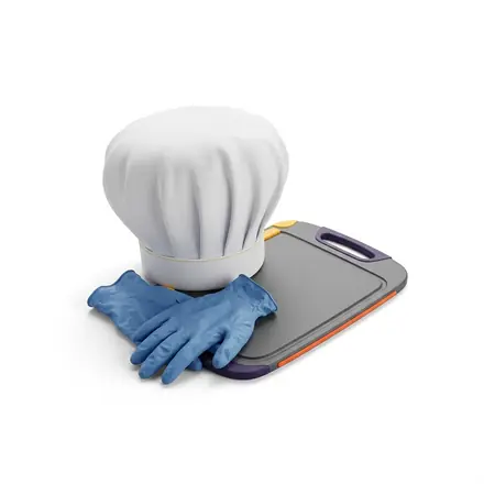 Gorro de cocinero, guantes de nitrilo y tabla de cortar