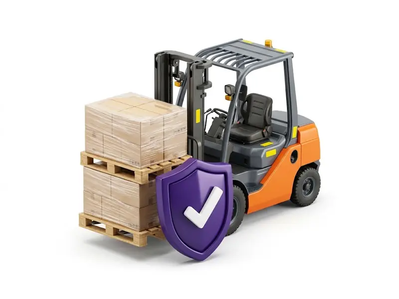 Carretilla elevadora con palés de cajas y un escudo de certificado