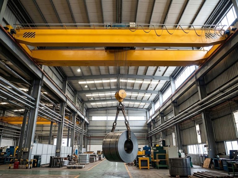 Puente grúa de doble viga en una nave industrial con una bobina de acero colgada del gancho
