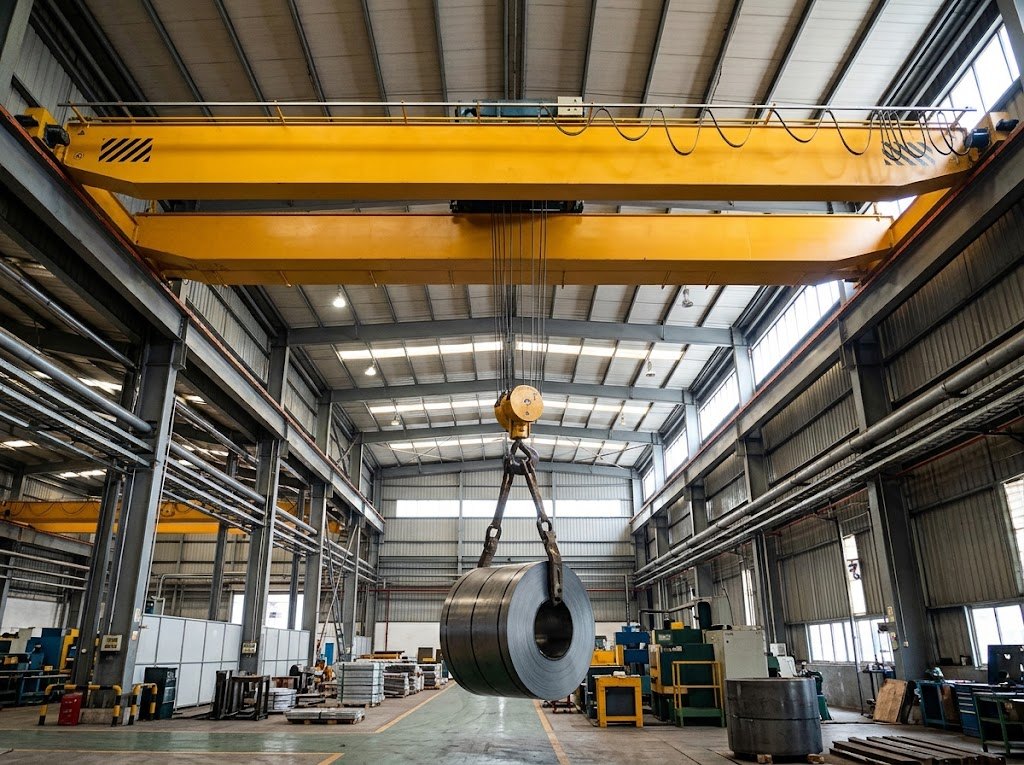 Puente grúa de doble viga en una nave industrial con una bobina de acero colgada del gancho