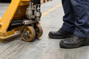 Botas de seguridad junto a las ruedas de una transpaleta manual