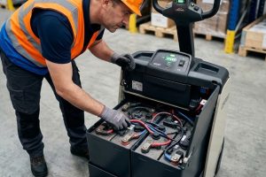 Operario revisando la batería de una transpaleta eléctrica
